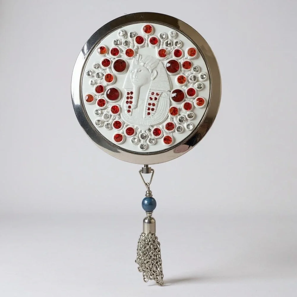 HAND MIRROR Egyptian Pharaoh Compact Magnified Purse silver-tone Rhinestones